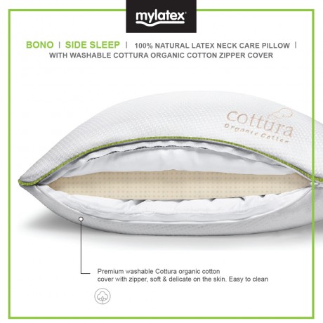 Mylatex Bono Pillow 100% Natural Latex Designed For Side Sleeper Organic Cotton Washable Zipper Cover